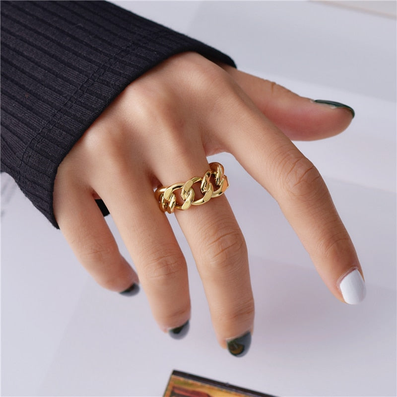 Peri'sBox Gold Silver Color Chunky Chain Rings Link Twisted Geometric Rings for Women Vintage Open Rings Adjustable Trendy