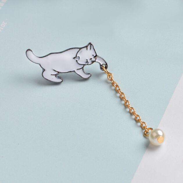 Alloy Cute Little White Imitation Pearl Cat Brooch Pins Chic Fashion Jewelry Bijoux Brooch Wholesale Women Accessories