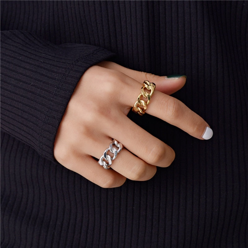 Peri'sBox Gold Silver Color Chunky Chain Rings Link Twisted Geometric Rings for Women Vintage Open Rings Adjustable Trendy