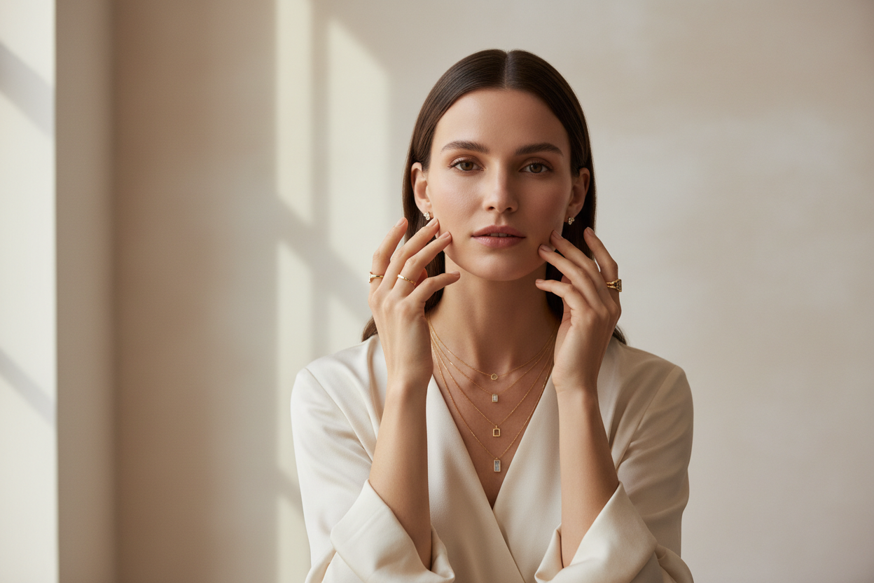 generate a hero-banner image for "minimalist jewelry for ladies" to place on hero section full screen on show women with wearing and showing jewelry. Make sure don't write any text on visuals